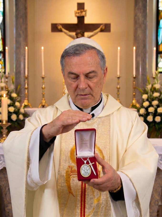 Padre abençoando o Colar de São Miguel Arcanjo